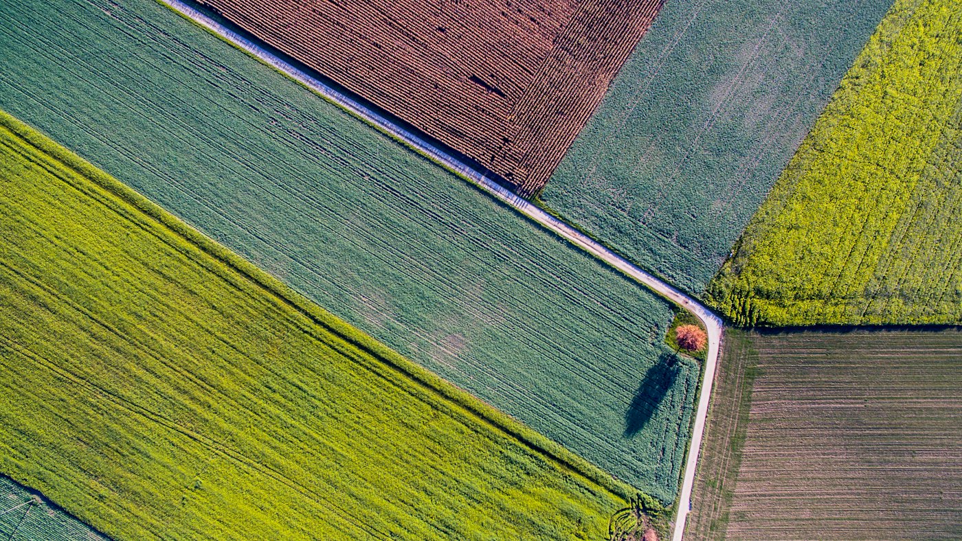 Aerial view of farm fields in different crops