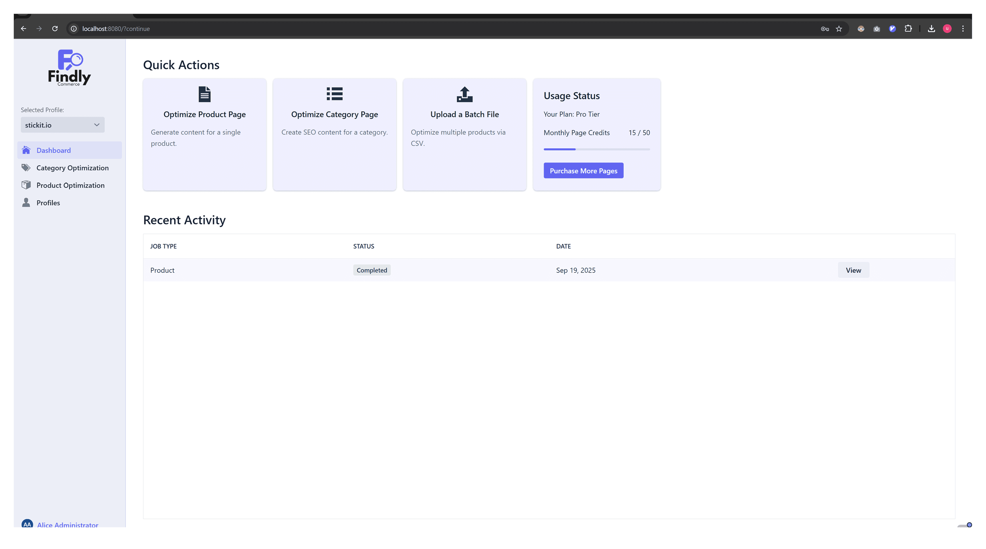 Findly Commerce dashboard with quick actions