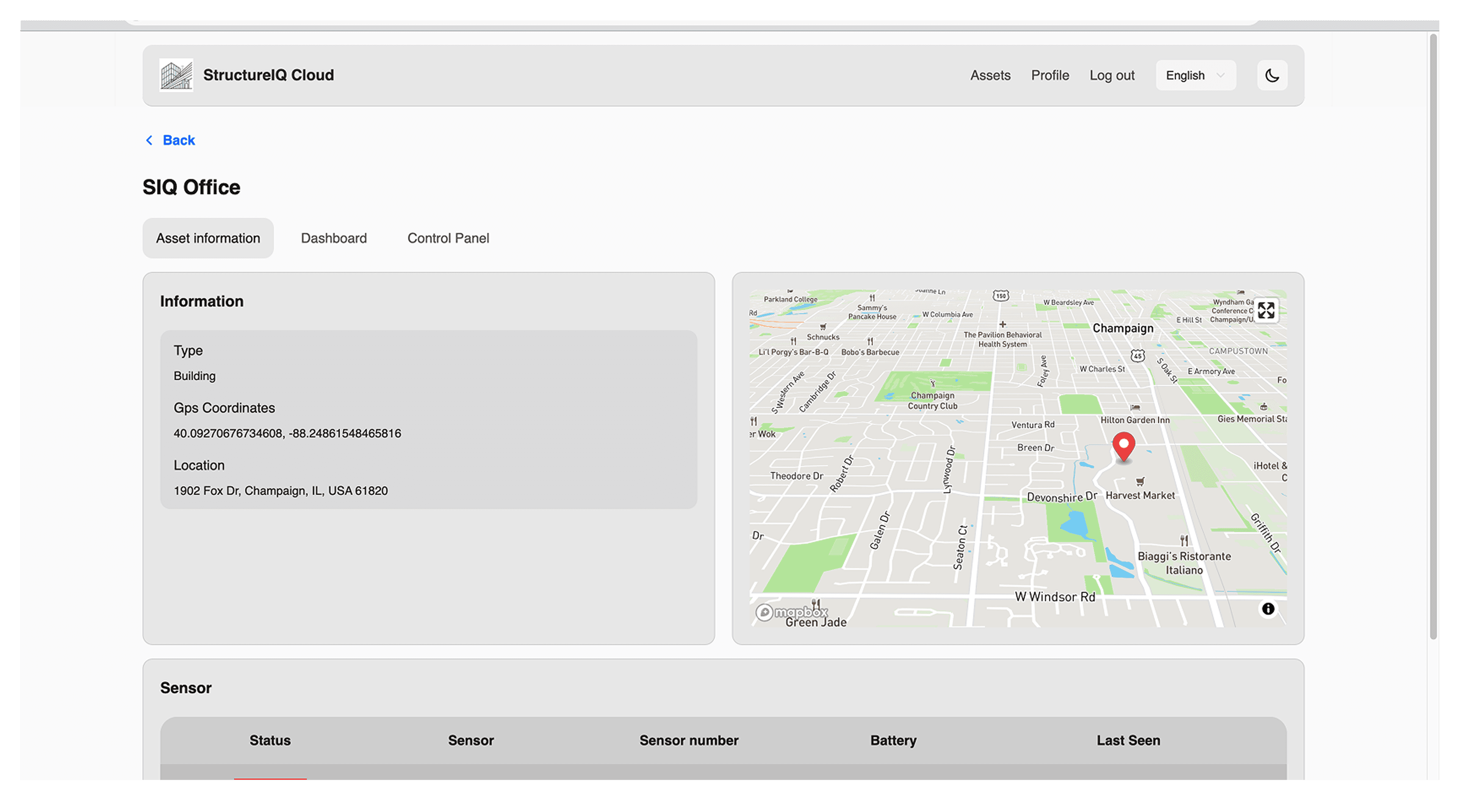 StructureIQ asset information panel with Mapbox geospatial context